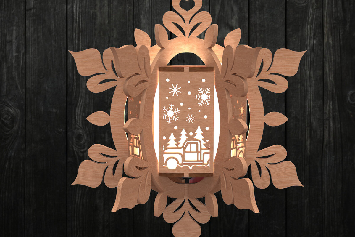 Σετ των 2 Intra απο ξύλο plywood 3mm-4mm πάχος – Vintage φορτηγό φανάρι νιφάδα χιονιού Δίασταση  20x20 cm INTRAFABR-111000892