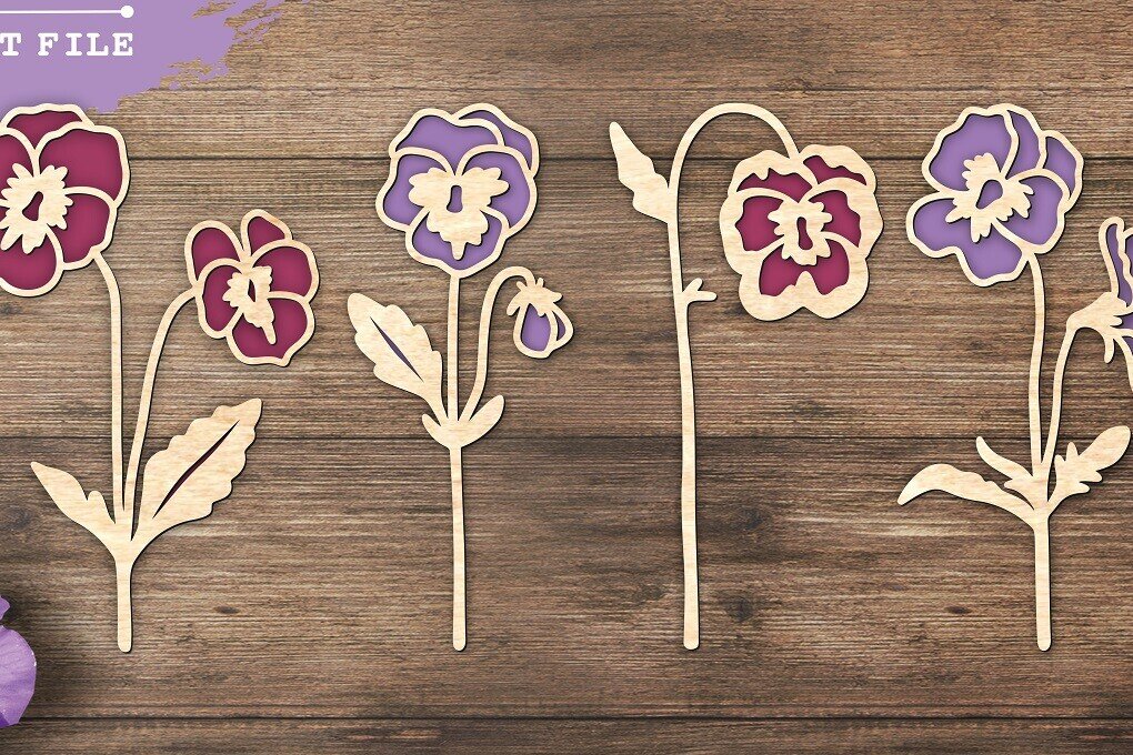 Σετ των 2 Intra απο ξύλο plywood 3mm-4mm πάχος – Αρχεία κομμένα με λέιζερ Violet Flower Δίασταση  20x20 cm INTRAFABR-97937964