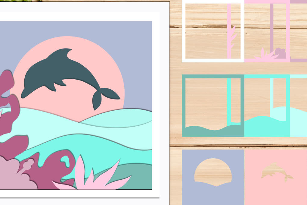 Σετ των 2 Intra απο ξύλο plywood 3mm-4mm πάχος – Waves and Dolphin 3d Shadow Box Δίασταση  20x20 cm INTRAFABR-69061561