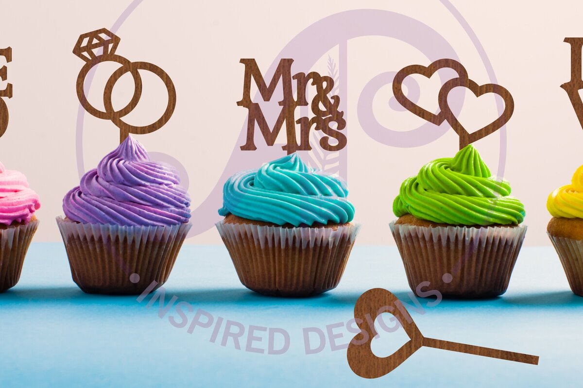 Σετ των 2 Intra απο ξύλο plywood 3mm-4mm πάχος – Toppers Cupcake γάμου, 6 σχεδίων Δίασταση  20x20 cm INTRAFABR-87946712