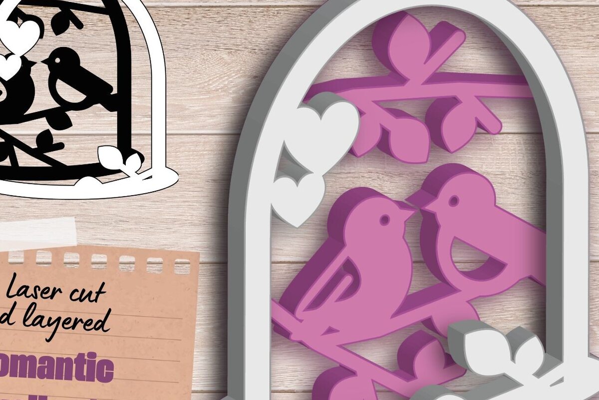 Σετ των 2 Intra απο ξύλο plywood 3mm-4mm πάχος – Τέχνη τοίχου με στρώματα γάμου, κοπή λέιζερ πτηνών Δίασταση  40x30 cm INTRAFABR-90083993