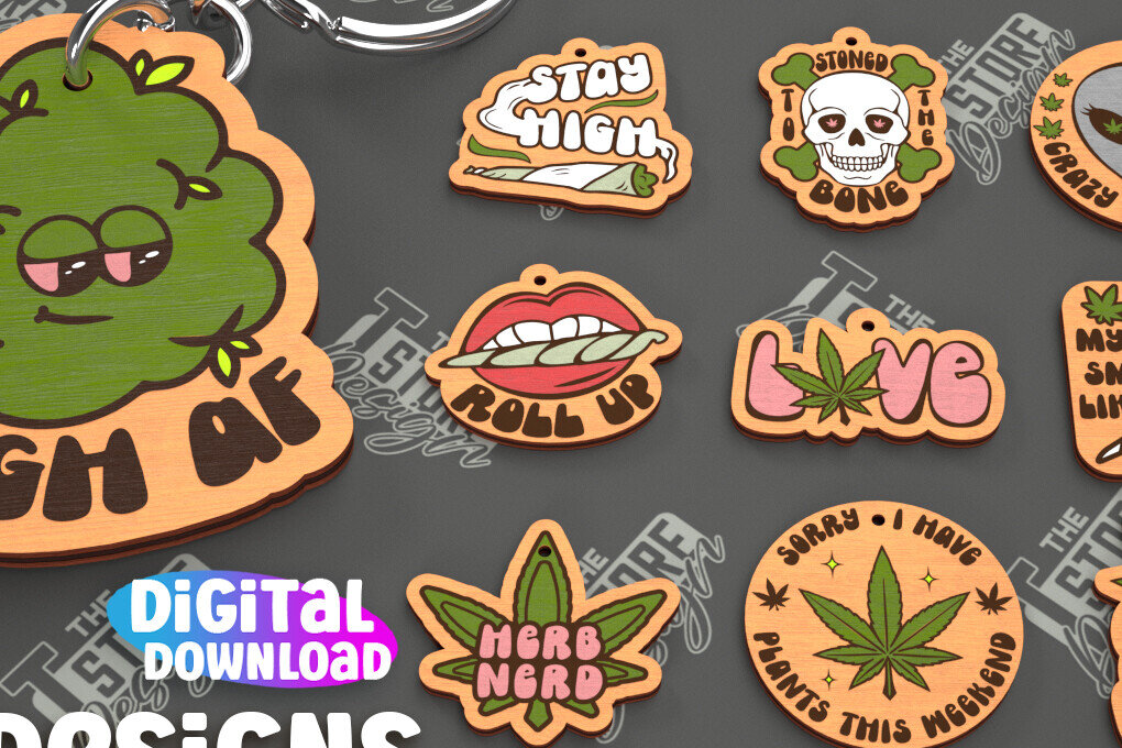 Σετ των 3 Intra απο ξύλο plywood 3mm-4mm πάχος – Πακέτο κοπής λέιζερ με μπρελόκ Weed | Αρχείο CNC Δίασταση  5x5 cm INTRAFABR-103793972