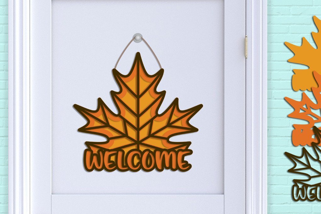 Σετ των 2 Intra απο ξύλο plywood 3mm-4mm πάχος – Καλώς ορίσατε Φθινοπωρινή επιγραφή πόρτας- 3D Δίασταση  20x20 cm INTRAFABR-36792478