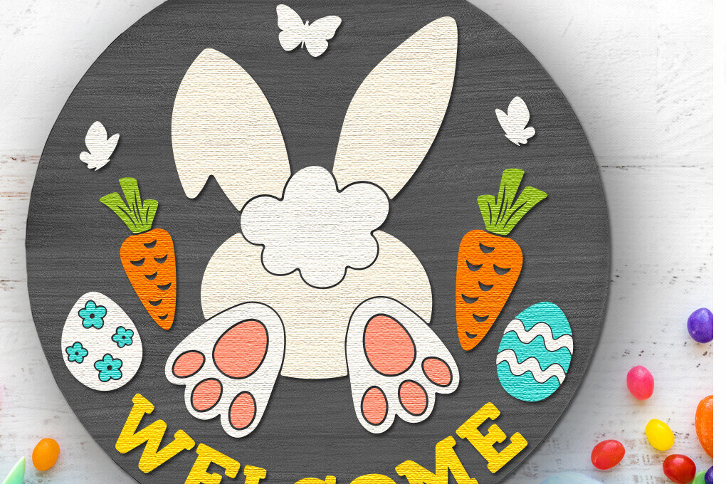 Σετ των 2 Intra απο ξύλο plywood 3mm-4mm πάχος – Καλώς ορίσατε Bunny, Πασχαλινή επιγραφή DXF Δίασταση  20x20 cm INTRAFABR-117204558