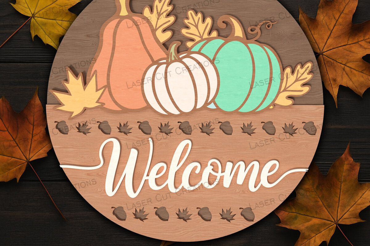 Σετ των 2 Intra απο ξύλο plywood 3mm-4mm πάχος – Καλώς ήρθατε Φθινοπωρινές κολοκύθες στρογγυλό σημάδι Δίασταση  20x20 cm INTRAFABR-125383099