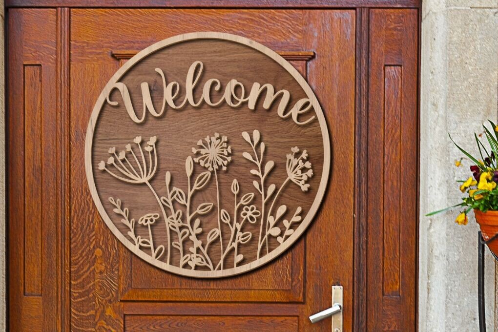 Intra απο ξύλο plywood 3mm-4mm πάχος – Welcome Flowers Door Sign Cut Laser Δίασταση  40x30 cm INTRAFABR-101855241