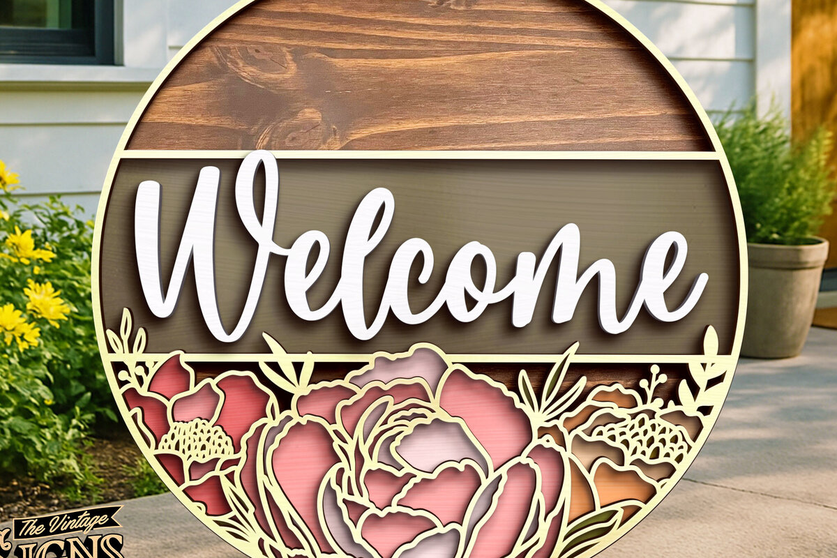 Σετ των 2 Intra απο ξύλο plywood 3mm-4mm πάχος – Welcome Peonies Door Hanger Laser Δίασταση  20x20 cm INTRAFABR-119692203