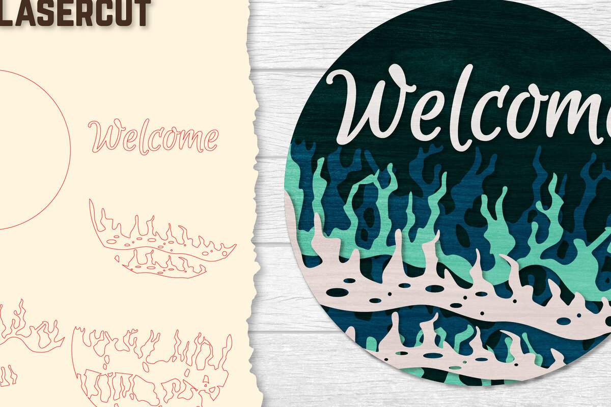 Σετ των 2 Intra απο ξύλο plywood 3mm-4mm πάχος – Welcome Sea Wave 3D Layered Lasercut Δίασταση  20x20 cm INTRAFABR-122011588