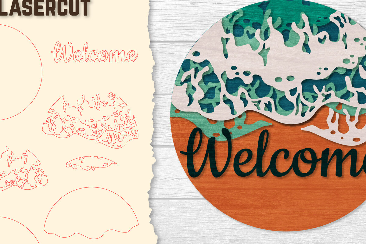 Σετ των 2 Intra απο ξύλο plywood 3mm-4mm πάχος – Welcome Sea Wave 3D Layered Lasercut Δίασταση  20x20 cm INTRAFABR-122011594