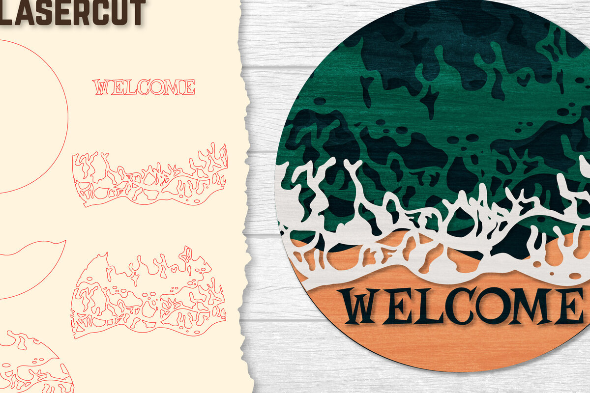 Σετ των 2 Intra απο ξύλο plywood 3mm-4mm πάχος – Welcome Sea Wave 3D Layered Lasercut Δίασταση  20x20 cm INTRAFABR-122011608