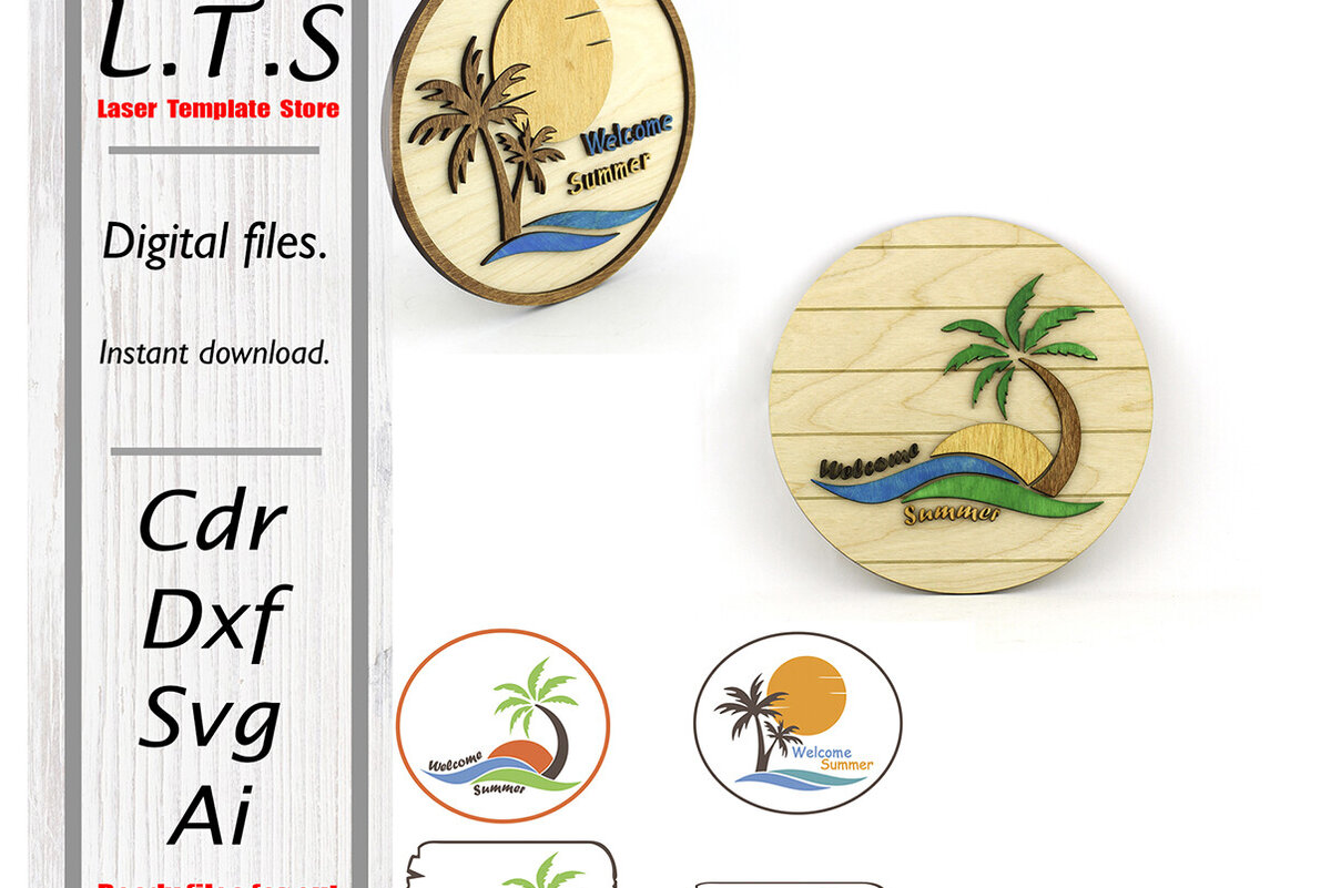 Σετ των 2 Intra απο ξύλο plywood 3mm-4mm πάχος – Καλώς ήρθες Καλοκαίρι. Αρχείο κοπής με λέιζερ. 4 Μοντέλα Δίασταση  20x20 cm INTRAFABR-108983513