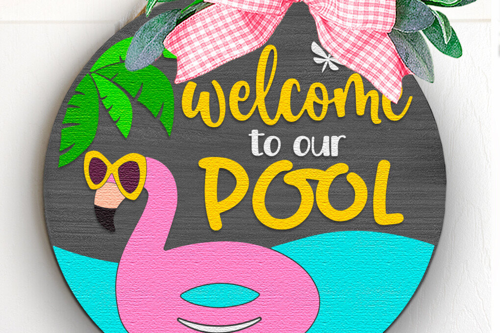 Σετ των 2 Intra απο ξύλο plywood 3mm-4mm πάχος – Καλώς ήρθατε στο Our Pool, Flamingo Door Δίασταση  20x20 cm INTRAFABR-122087800