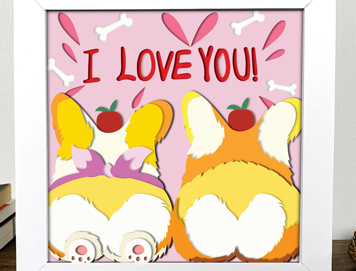 Σετ των 2 Intra απο ξύλο plywood 3mm-4mm πάχος – Welsh Corgi Couple Valentine 3D Box Δίασταση  20x20 cm INTRAFABR-85976336