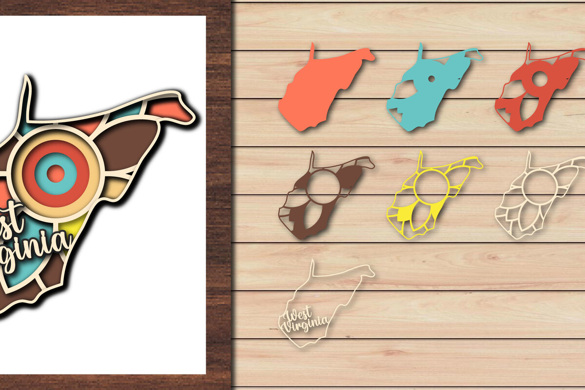 Σετ των 2 Intra απο ξύλο plywood 3mm-4mm πάχος – Κοπή χαρτιού 3d State West Virginia USA Δίασταση  20x20 cm INTRAFABR-64957965