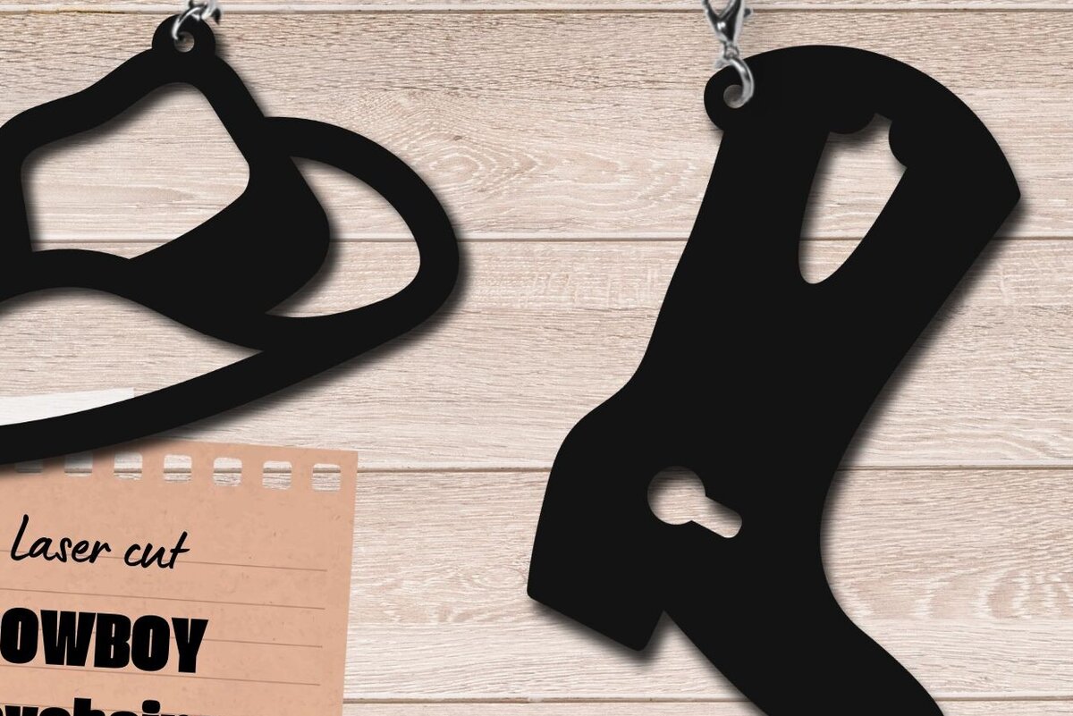 Σετ των 2 Intra απο ξύλο plywood 3mm-4mm πάχος – Western Keychain, Αρχείο κοπής με λέιζερ Cowboy Δίασταση  5x5 cm INTRAFABR-95273866