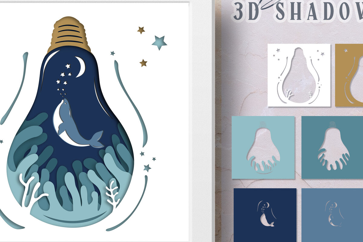 Σετ των 2 Intra απο ξύλο plywood 3mm-4mm πάχος – Whale 3D Shadow Box - Χαρτόκοπο με στρώσεις Δίασταση  20x20 cm INTRAFABR-21678649