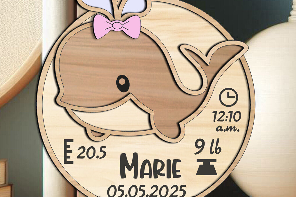 Σετ των 2 Intra απο ξύλο plywood 3mm-4mm πάχος – Ανακοίνωση μωρού φάλαινας Στρογγυλή πινακίδα Δίασταση  20x20 cm INTRAFABR-115554920