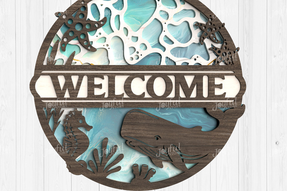 Σετ των 2 Intra απο ξύλο plywood 3mm-4mm πάχος – Σημάδι καλωσορίσματος Whale &amp; Coral Δίασταση  20x20 cm INTRAFABR-123114616