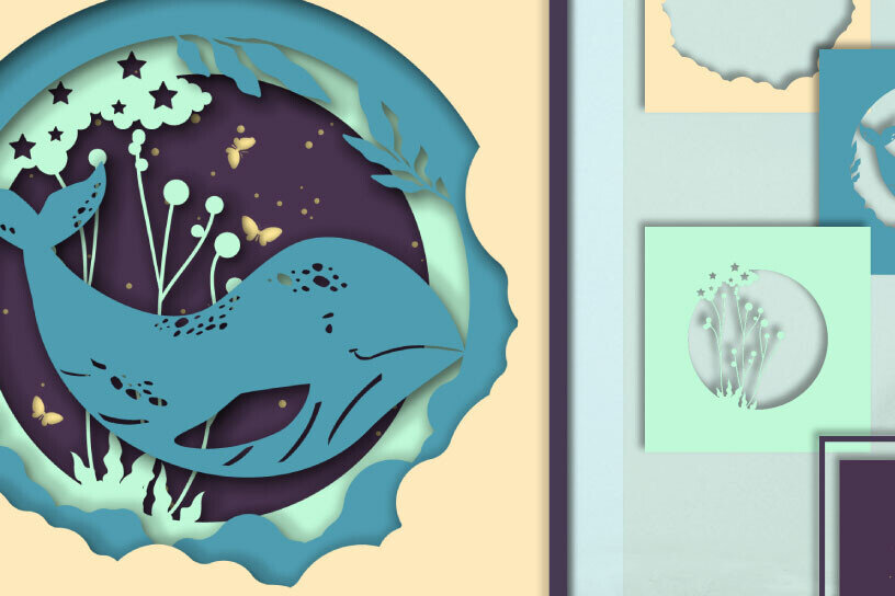 Σετ των 2 Intra απο ξύλο plywood 3mm-4mm πάχος – Κάρτα με στρώματα φάλαινας, 3D Δίασταση  20x20 cm INTRAFABR-119603232