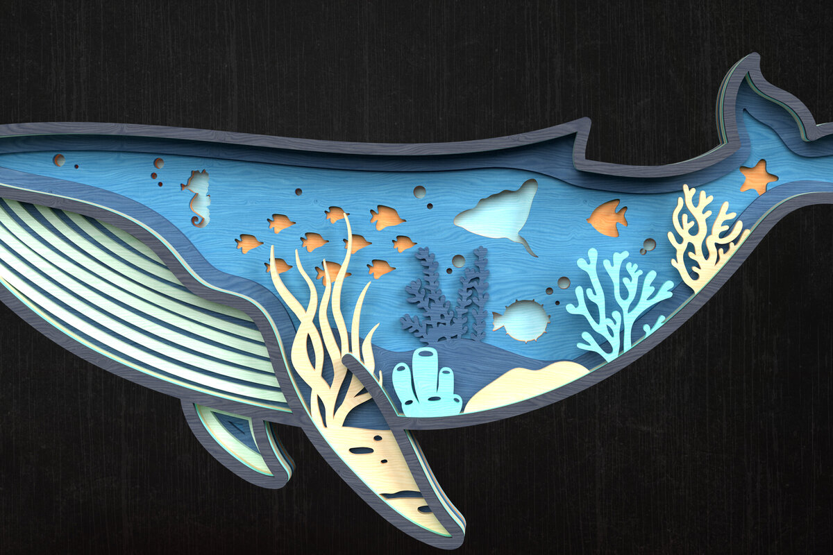 Σετ των 2 Intra απο ξύλο plywood 3mm-4mm πάχος – Φάλαινα Ocean Scene 3D Cut Δίασταση  20x20 cm INTRAFABR-119659833