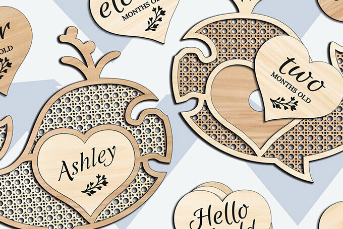 Σετ των 2 Intra απο ξύλο plywood 3mm-4mm πάχος – Στολίδι μωρού Milestone από φάλαινα Rattan Δίασταση  20x20 cm INTRAFABR-103440907