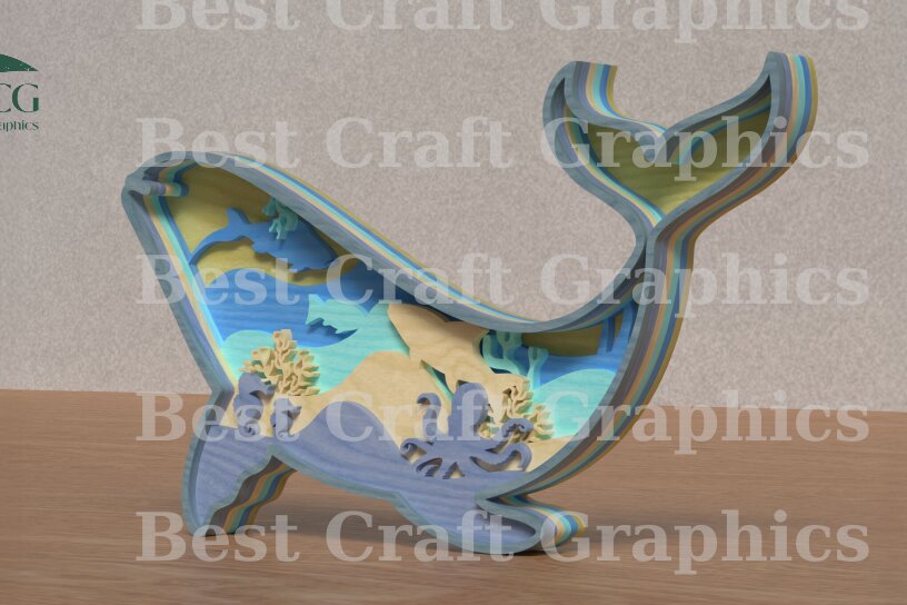 Σετ των 2 Intra απο ξύλο plywood 3mm-4mm πάχος – Whale, Αρχεία αποκοπής με λέιζερ - 6 Layer Art Δίασταση  20x20 cm INTRAFABR-119307824