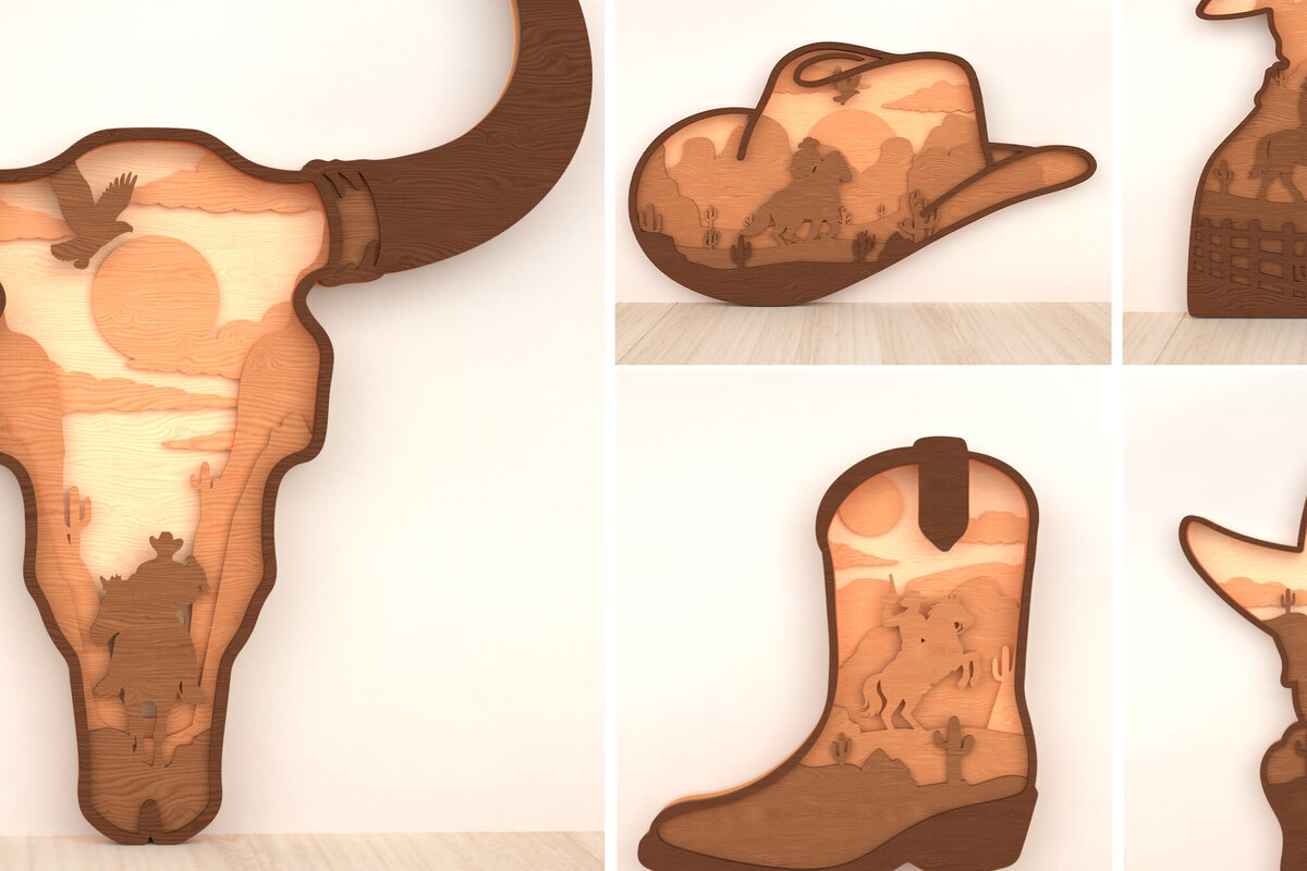 Σετ των 2 Intra απο ξύλο plywood 3mm-4mm πάχος – Πακέτο Wild West Cowboy Layered Δίασταση  20x20 cm INTRAFABR-119868332