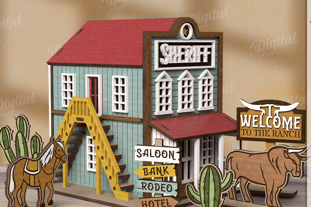 Σετ των 2 Intra απο ξύλο plywood 3mm-4mm πάχος – Περικοπή με λέιζερ Wild West Town Δίασταση  20x20 cm INTRAFABR-123620577