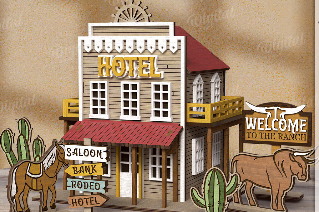 Σετ των 2 Intra απο ξύλο plywood 3mm-4mm πάχος – Περικοπή με λέιζερ Wild West Town Δίασταση  20x20 cm INTRAFABR-123620625