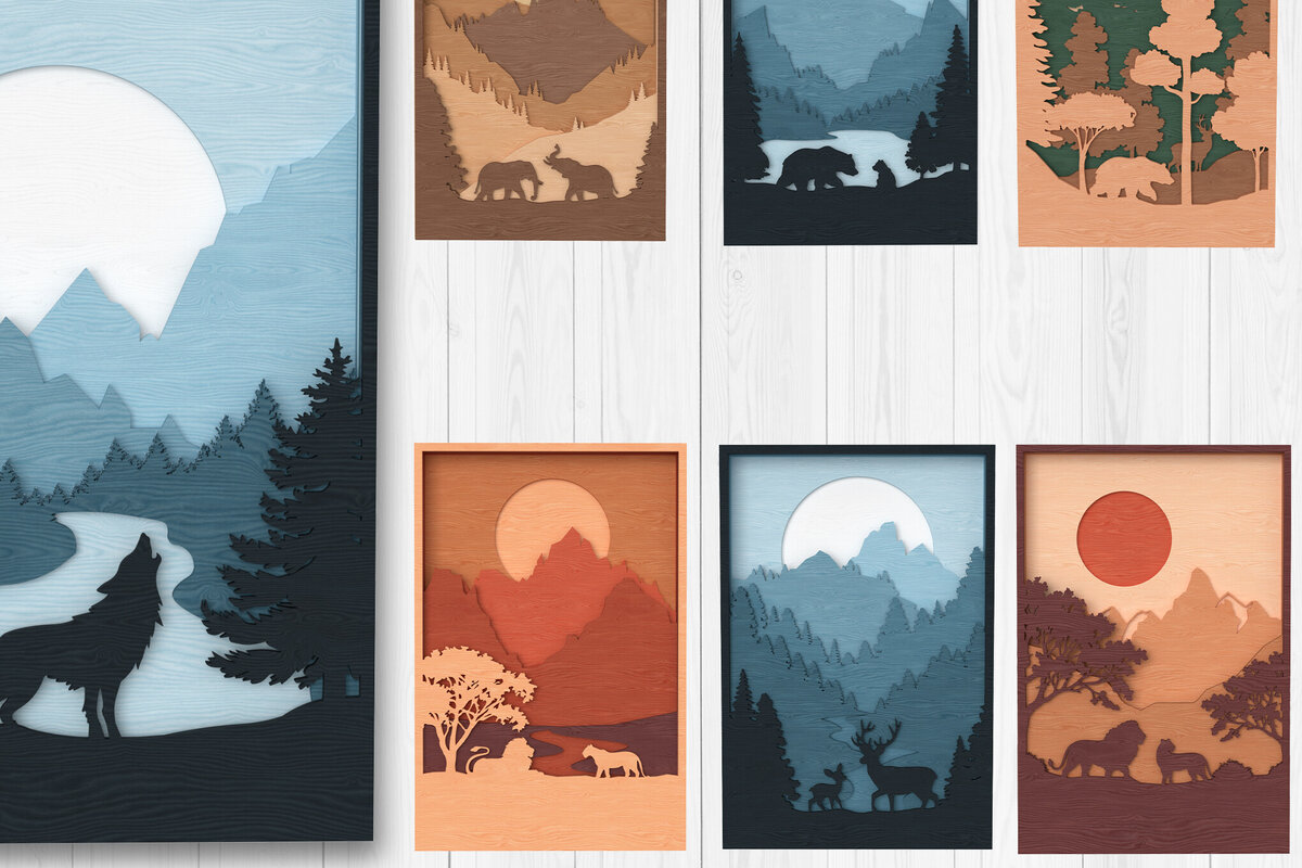 Σετ των 2 Intra απο ξύλο plywood 3mm-4mm πάχος – Πακέτο Wildlife Mountain Layered Δίασταση  20x20 cm INTRAFABR-113766401