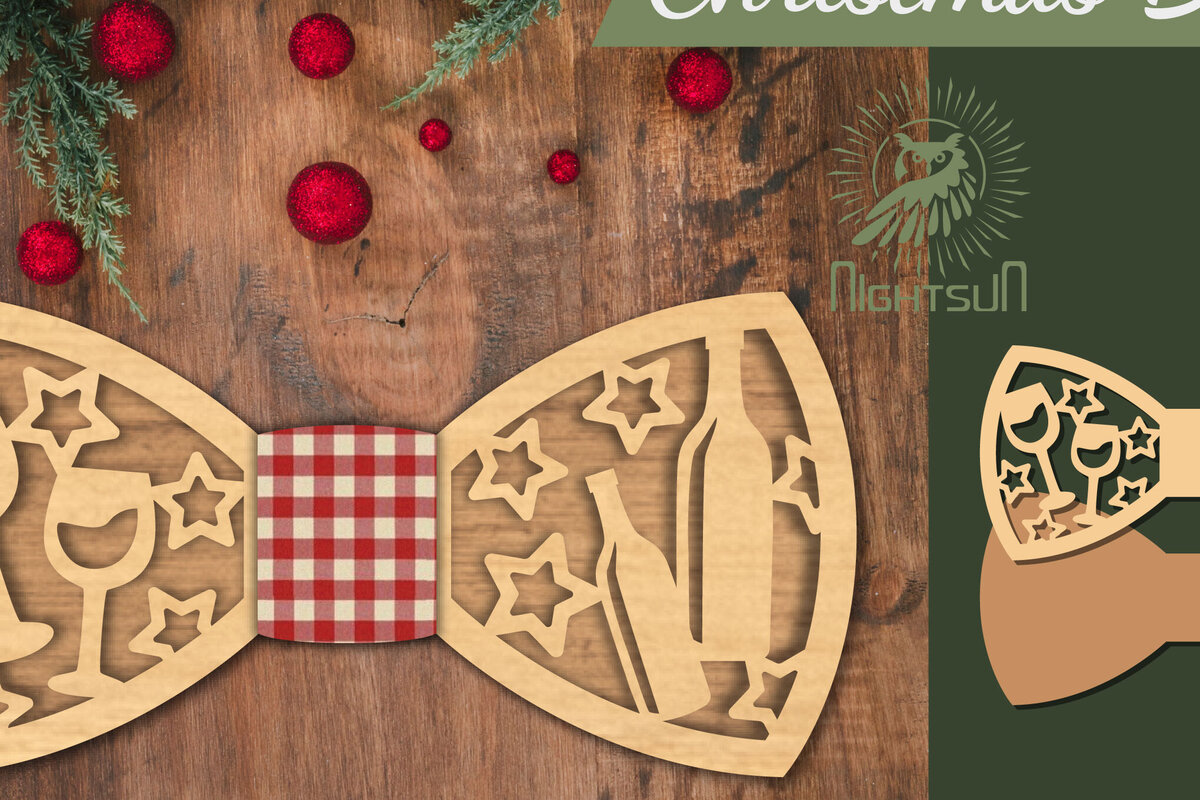 Σετ των 2 Intra απο ξύλο plywood 3mm-4mm πάχος – Παπιγιόν με κομμένο λέιζερ ποτήρι και μπουκάλι κρασιού Δίασταση  20x20 cm INTRAFABR-112552980