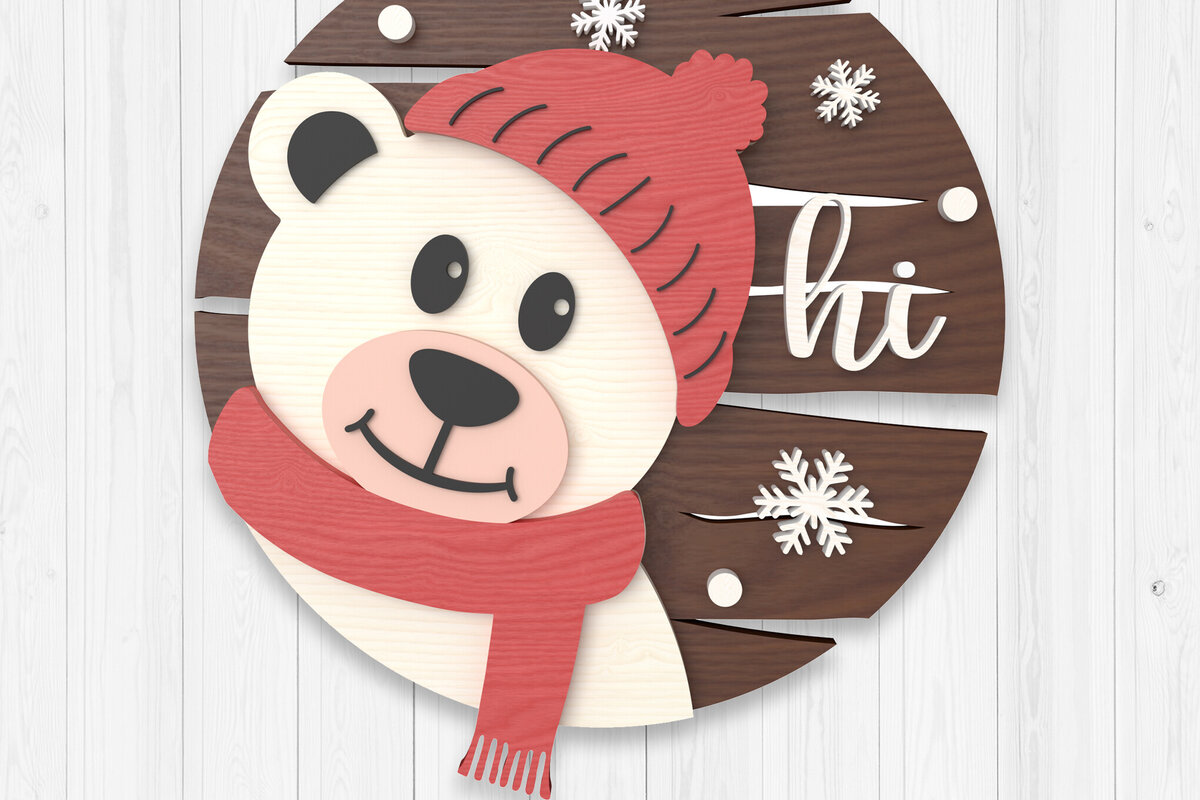 Σετ των 2 Intra απο ξύλο plywood 3mm-4mm πάχος – Χειμερινή αρκούδα σημάδι - Χριστούγεννα Δίασταση  20x20 cm INTRAFABR-106314997