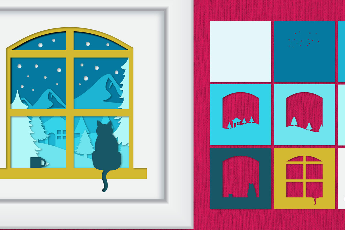 Σετ των 2 Intra απο ξύλο plywood 3mm-4mm πάχος – Χειμωνιάτικη γάτα σε χαρτί με στρώματα Windows Δίασταση  20x20 cm INTRAFABR-86075315