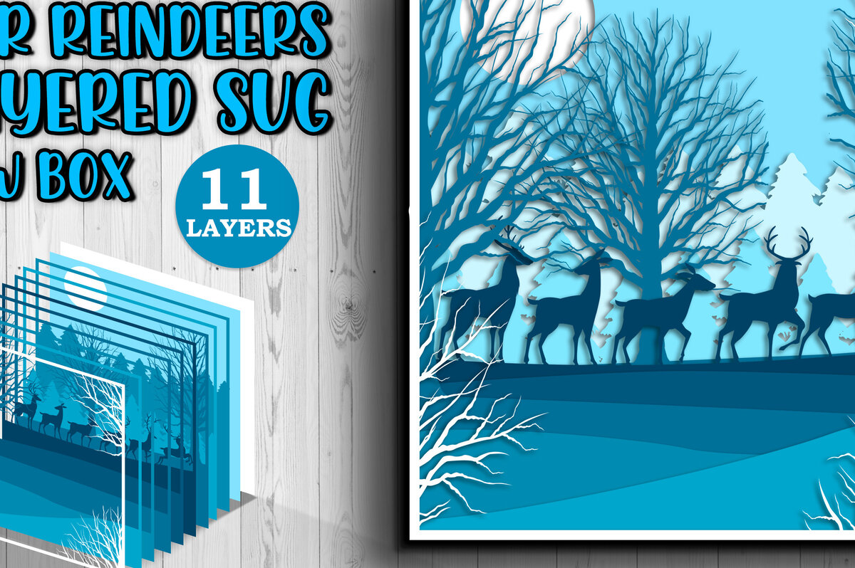 Σετ των 2 Intra απο ξύλο plywood 3mm-4mm πάχος – Τρισδιάστατο κουτί σκιών Winter Deer Layered Δίασταση  20x20 cm INTRAFABR-17286713