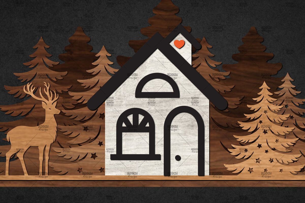 Σετ των 2 Intra απο ξύλο plywood 3mm-4mm πάχος – Winter House Scene Δίασταση  20x20 cm INTRAFABR-111136168