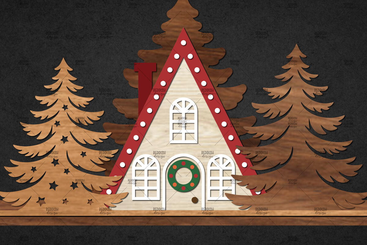 Σετ των 2 Intra απο ξύλο plywood 3mm-4mm πάχος – Winter House Scene Δίασταση  20x20 cm INTRAFABR-111136345