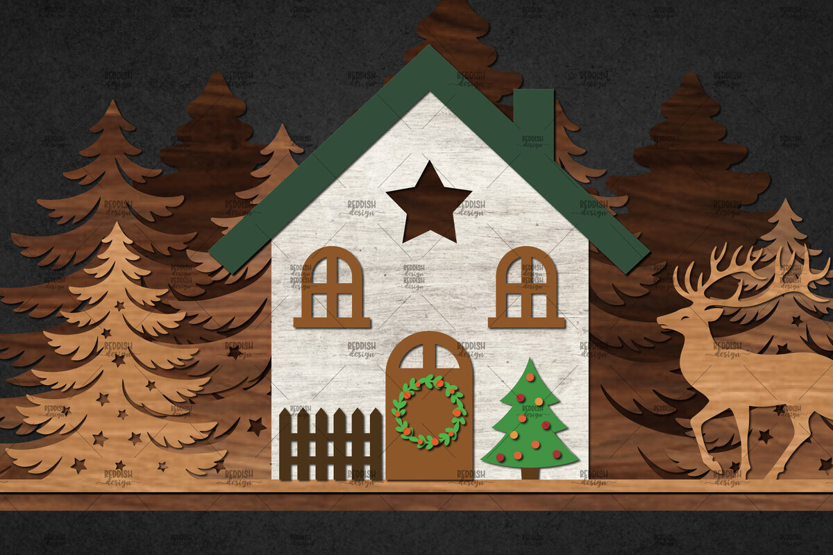 Σετ των 2 Intra απο ξύλο plywood 3mm-4mm πάχος – Winter House Scene Δίασταση  20x20 cm INTRAFABR-111136134