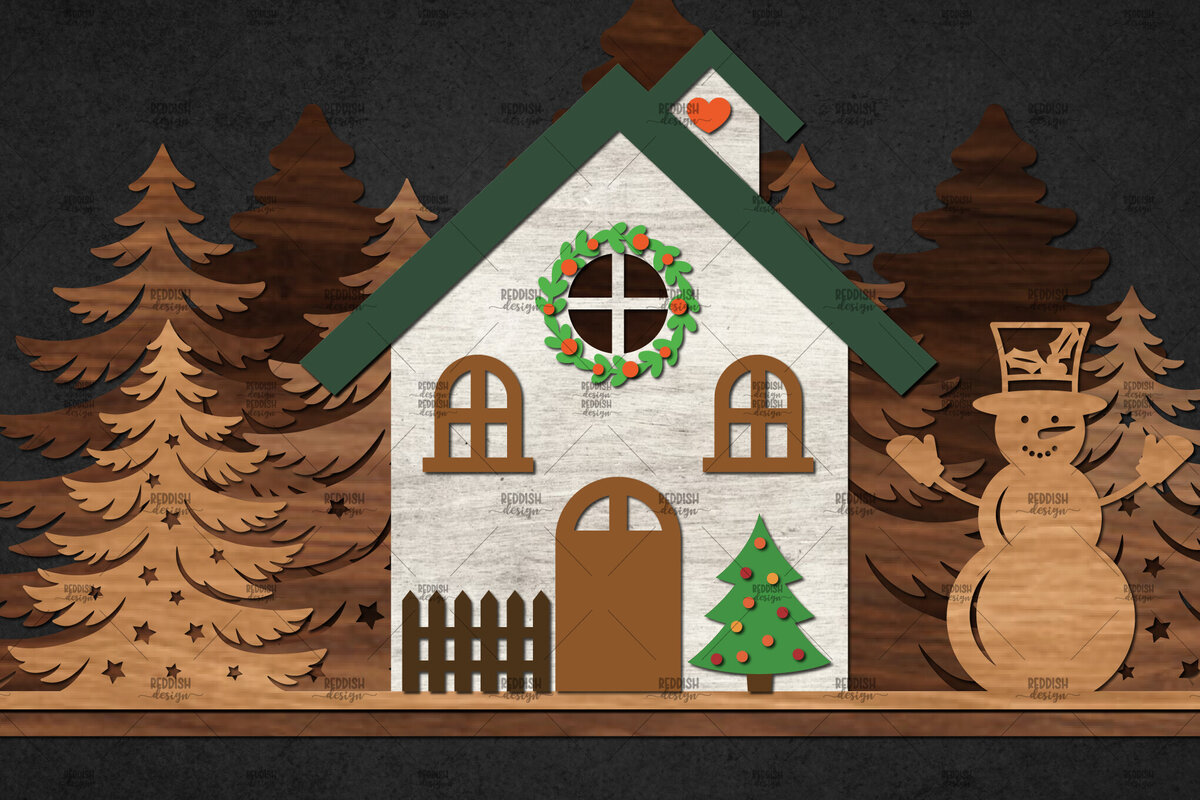 Σετ των 2 Intra απο ξύλο plywood 3mm-4mm πάχος – Σκηνή Winter Houses Δίασταση  20x20 cm INTRAFABR-111136082