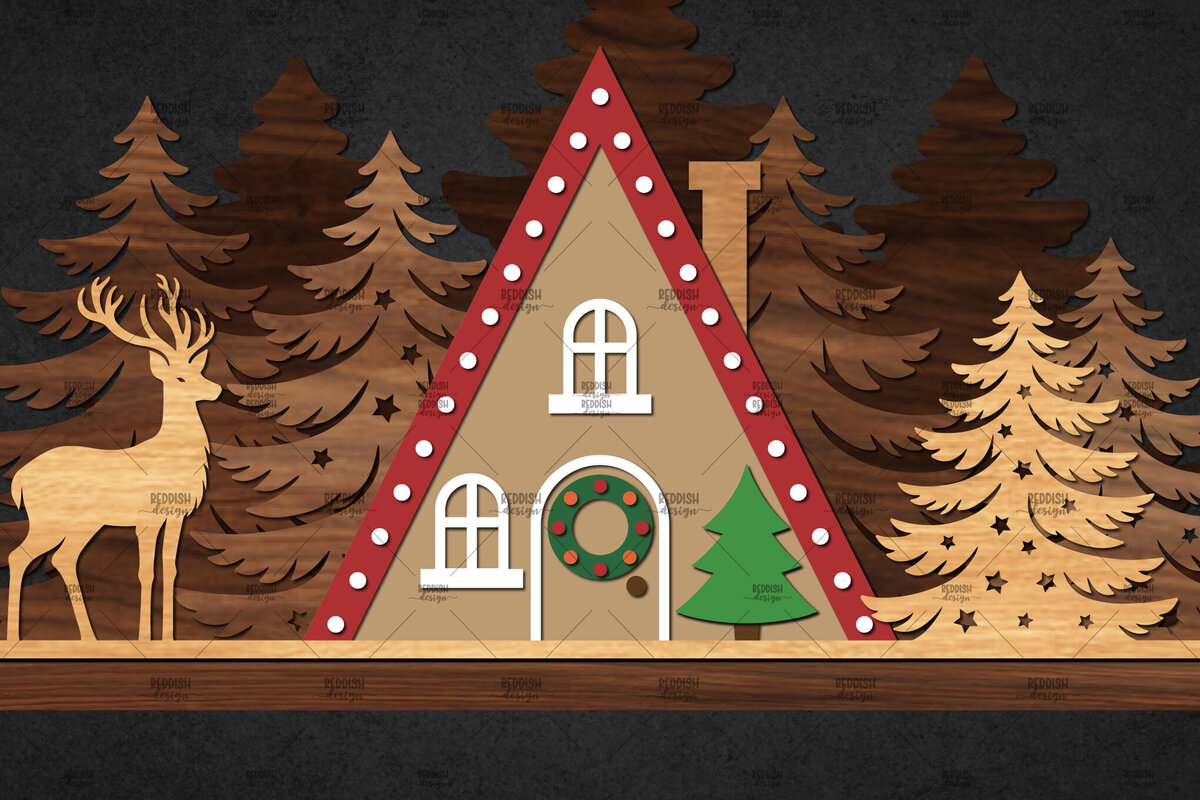 Σετ των 2 Intra απο ξύλο plywood 3mm-4mm πάχος – Σκηνή Winter Houses Δίασταση  20x20 cm INTRAFABR-111135786