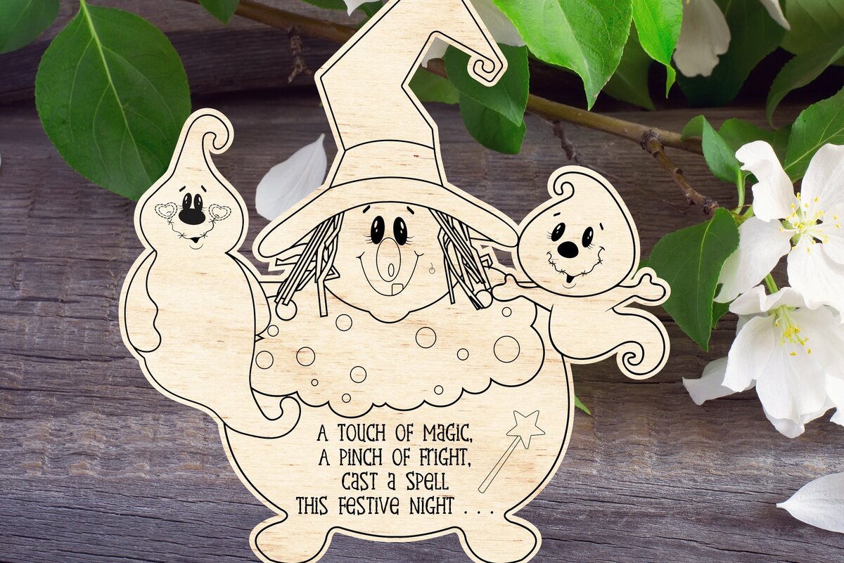 Σετ των 2 Intra απο ξύλο plywood 3mm-4mm πάχος – Μάγισσα και φάντασμα με το καζάνι Δίασταση  20x20 cm INTRAFABR-35949882