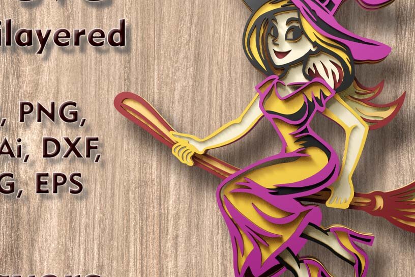 Σετ των 2 Intra απο ξύλο plywood 3mm-4mm πάχος – Witch on Broomstick 3D Laser Files Δίασταση  20x20 cm INTRAFABR-110903740