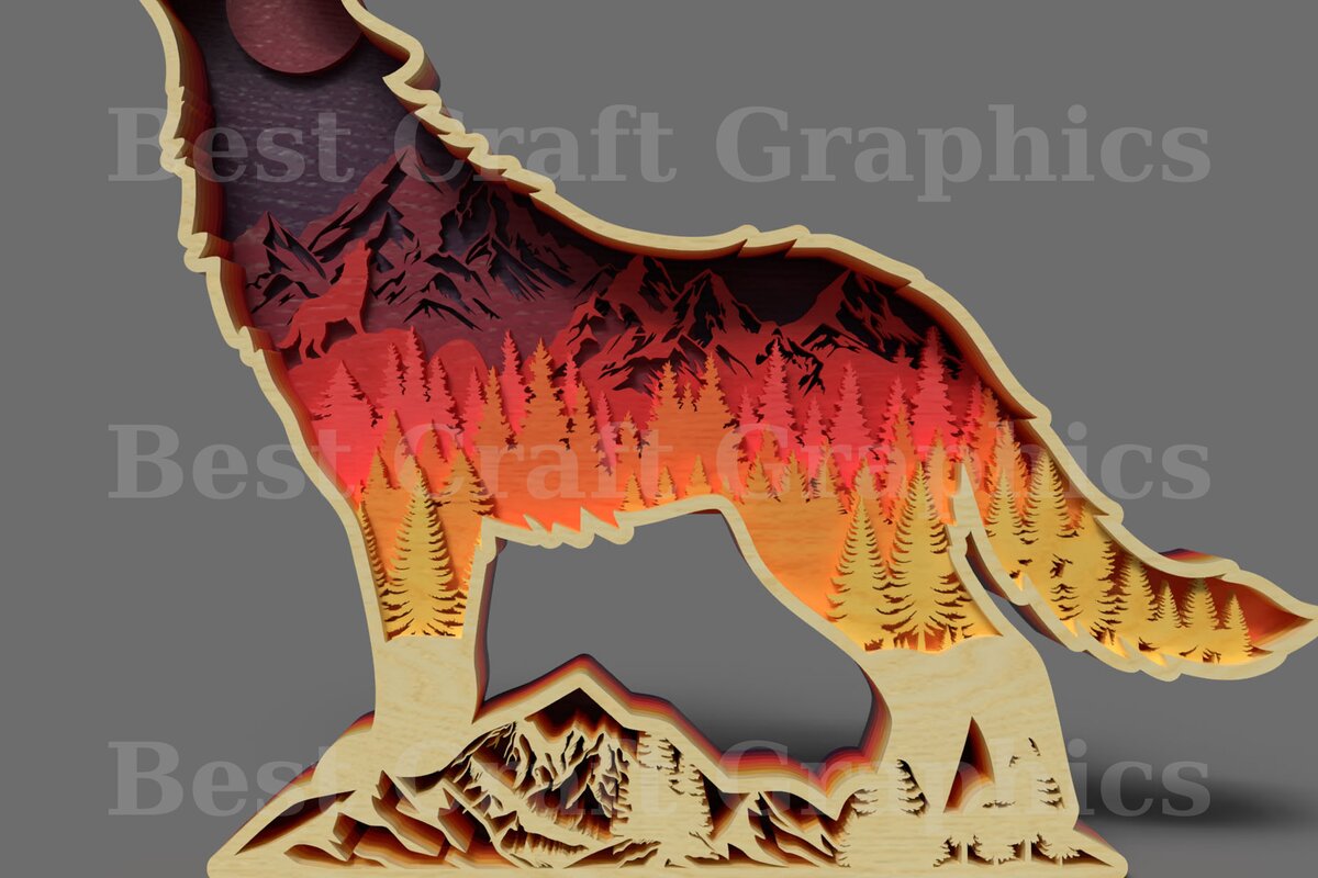 Σετ των 2 Intra απο ξύλο plywood 3mm-4mm πάχος – Αρχείο κοπής λέιζερ 3D Forest Landscape Wolf Δίασταση  20x20 cm INTRAFABR-121179748