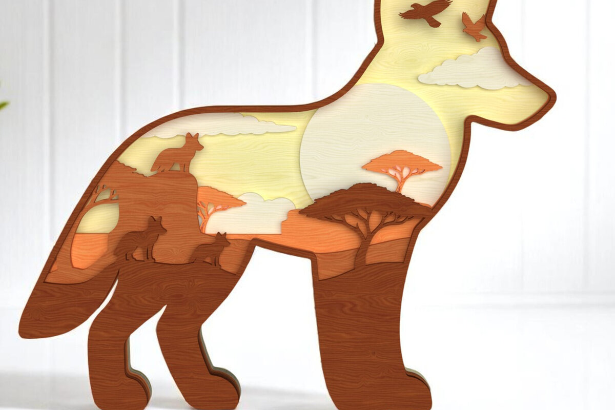 Σετ των 2 Intra απο ξύλο plywood 3mm-4mm πάχος – Wolf Layered Safari Scene Δίασταση  20x20 cm INTRAFABR-121364087