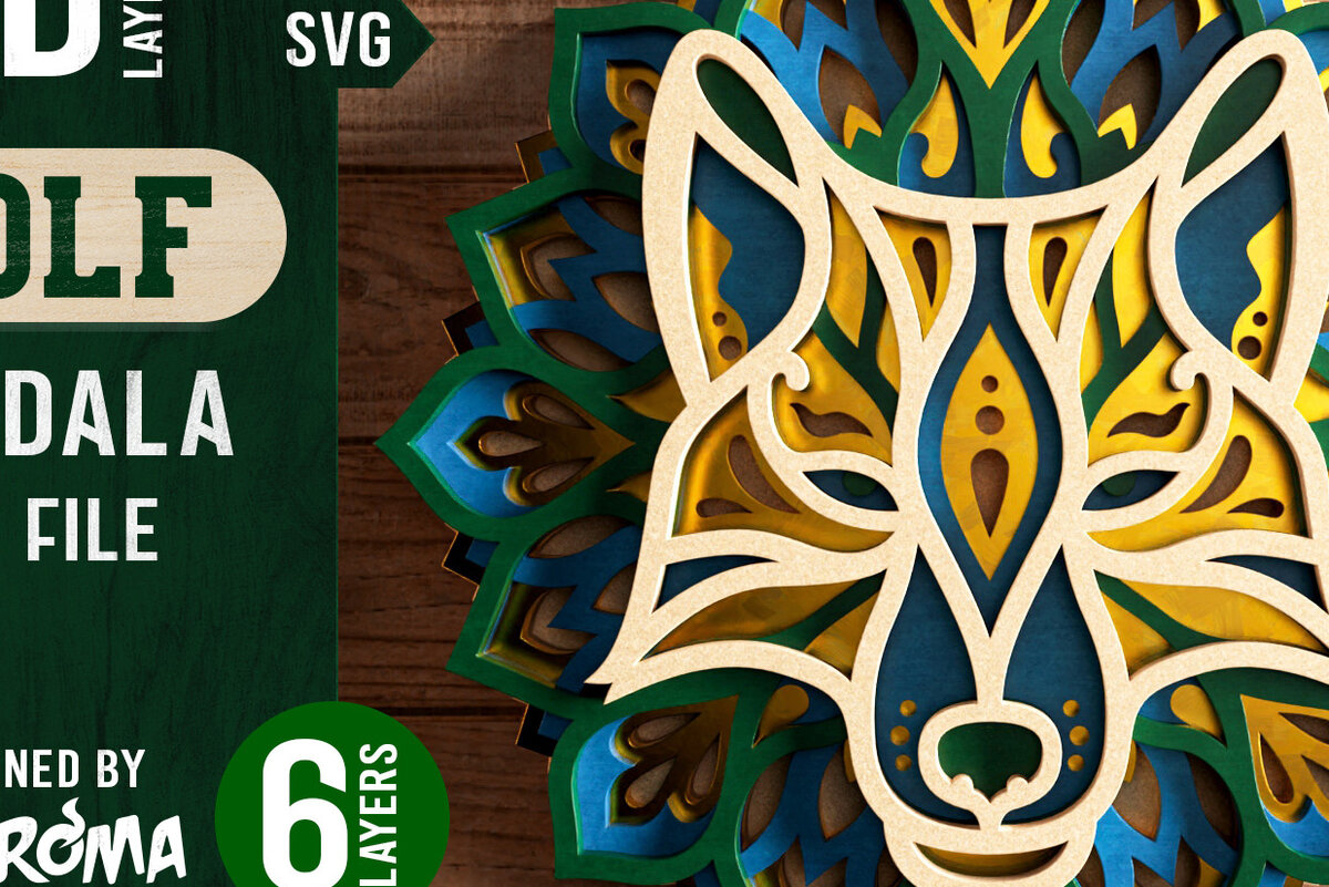 Σετ των 2 Intra απο ξύλο plywood 3mm-4mm πάχος – Αρχείο αποκοπής 3D Layered Wolf Mandala Δίασταση  20x20 cm INTRAFABR-21711549