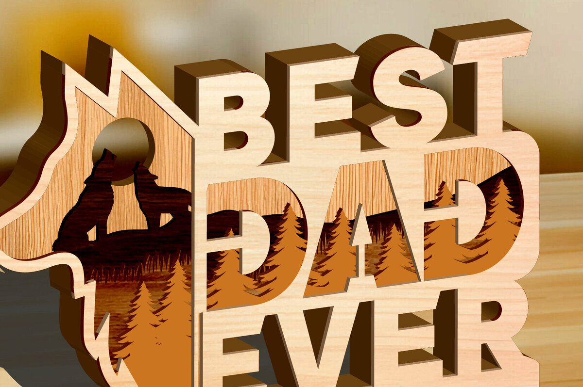 Σετ των 2 Intra απο ξύλο plywood 3mm-4mm πάχος – Wolf Multilayer Best Dad Ever Scene Δίασταση  20x20 cm INTRAFABR-99630622