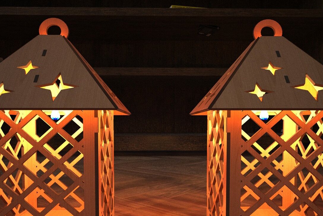 Σετ των 2 Intra απο ξύλο plywood 3mm-4mm πάχος – Ξύλινο Φανάρι, Νυχτερινό φωτιστικό δαπέδου κομμένο με λέιζερ Δίασταση  20x20 cm INTRAFABR-43538161