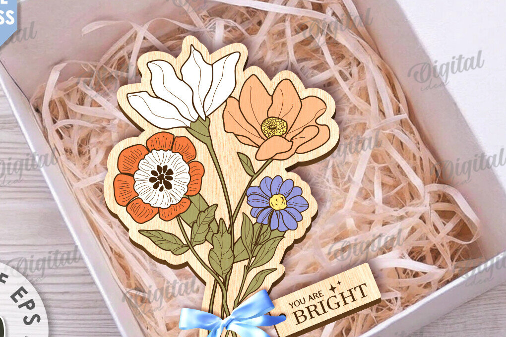 Σετ των 2 Intra απο ξύλο plywood 3mm-4mm πάχος – Ξύλινη ανθοδέσμη. Γιορτή της Μητέρας Δίασταση  20x20 cm INTRAFABR-116813891