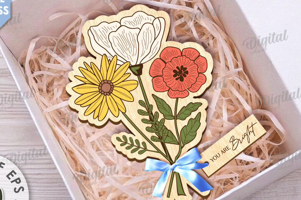 Σετ των 2 Intra απο ξύλο plywood 3mm-4mm πάχος – Ξύλινη ανθοδέσμη. Γιορτή της Μητέρας Δίασταση  20x20 cm INTRAFABR-116812872