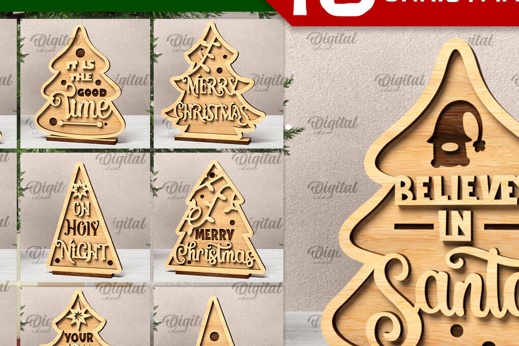 Σετ των 2 Intra απο ξύλο plywood 3mm-4mm πάχος – Δέσμη κοπής με λέιζερ ξύλινα χριστουγεννιάτικα δέντρα Δίασταση  20x20 cm INTRAFABR-107830990