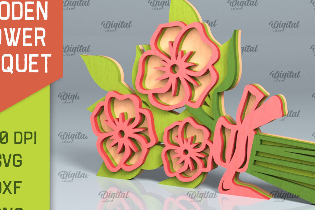 Σετ των 2 Intra απο ξύλο plywood 3mm-4mm πάχος – Ξύλινο μπουκέτο λουλουδιών Δίασταση  20x20 cm INTRAFABR-93787335